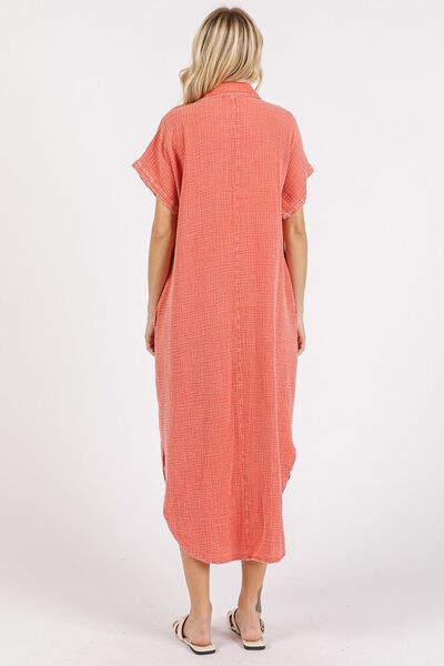 Mittoshop Mineral Wash V Neck Button Up Midi Shirt Dress