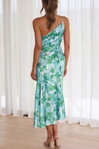 Ruched Printed Single Shoulder Midi Dress