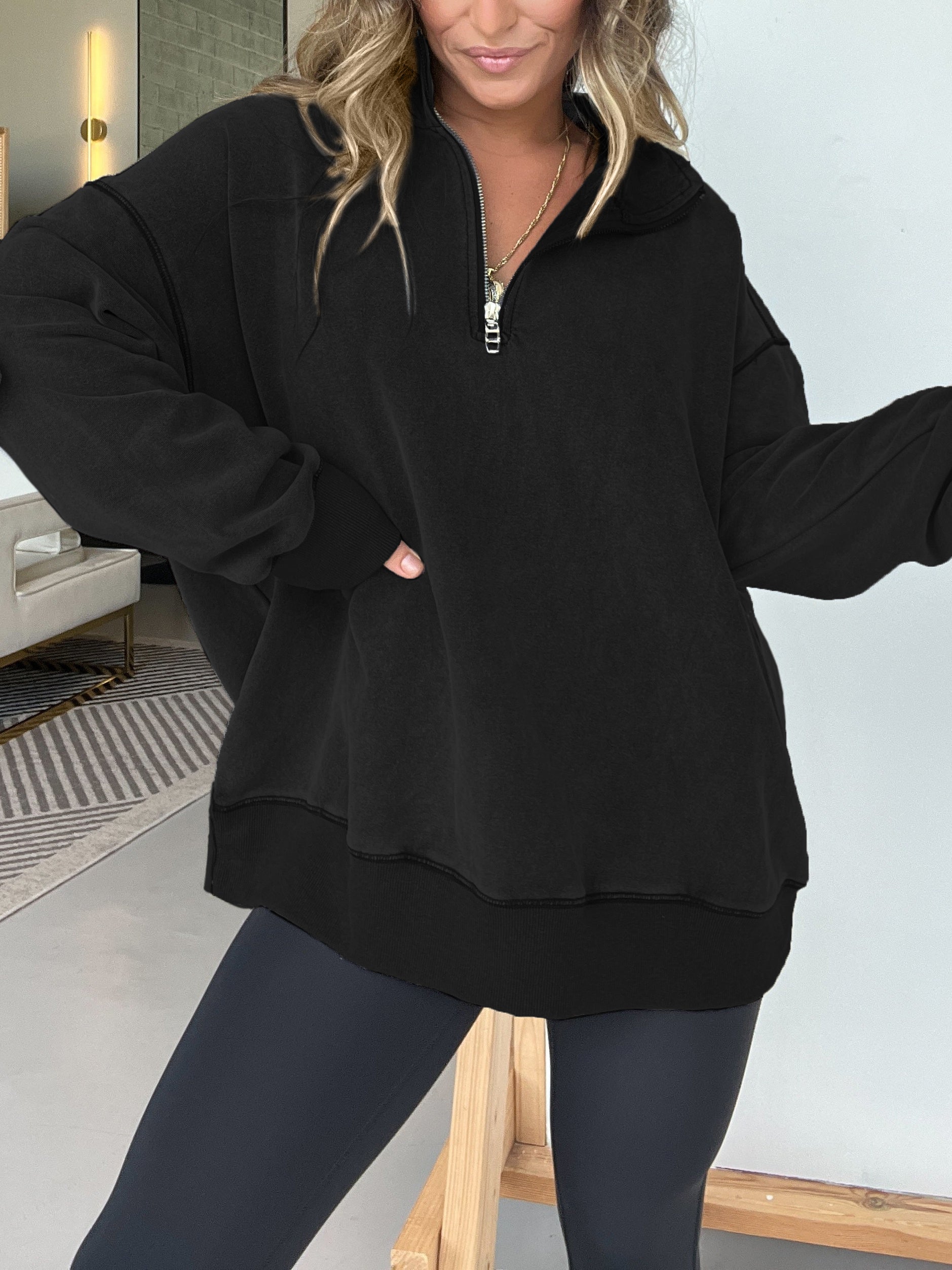 Women's Oversized Quarter Zip Vintage Pullover (Buy 2 Free Shipping)