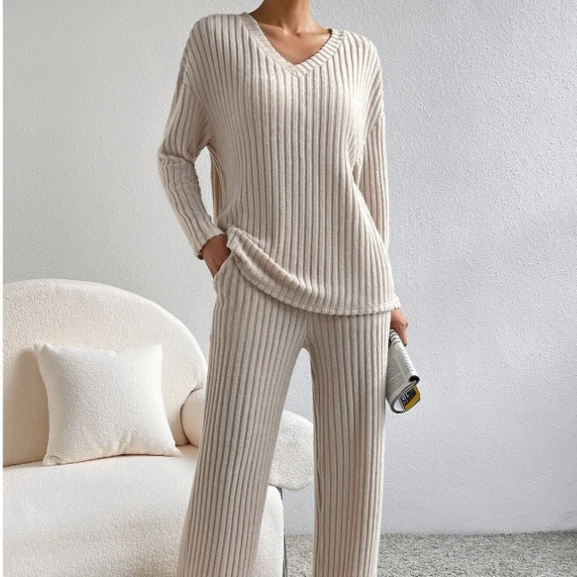 Women's Solid Drop Shoulder Pocket Lounge Set, Casual High Stretch Relaxed Fit Long Sleeve V Neck Top & Straight Leg Pants Two-piece Set, Women Nightwear, Machine Washable, Pj Sets for Women, Women's Sleepwear for Spring