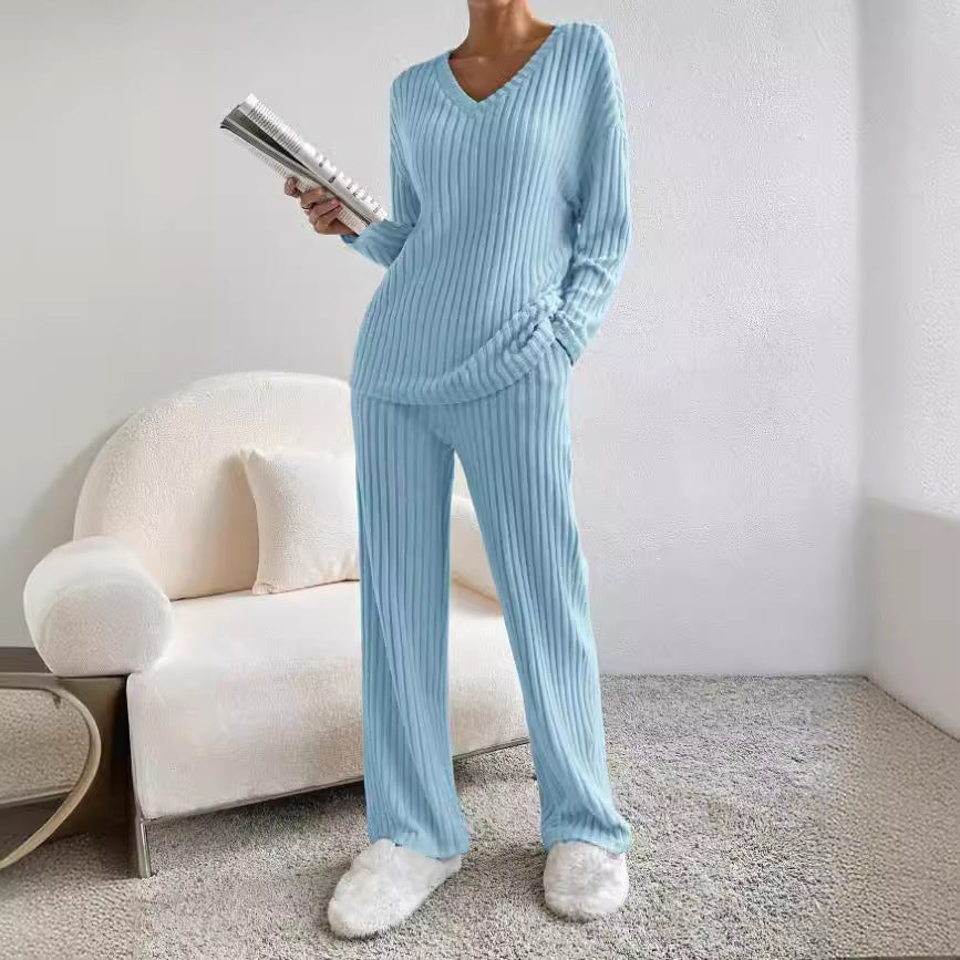 Women's Solid Drop Shoulder Pocket Lounge Set, Casual High Stretch Relaxed Fit Long Sleeve V Neck Top & Straight Leg Pants Two-piece Set, Women Nightwear, Machine Washable, Pj Sets for Women, Women's Sleepwear for Spring