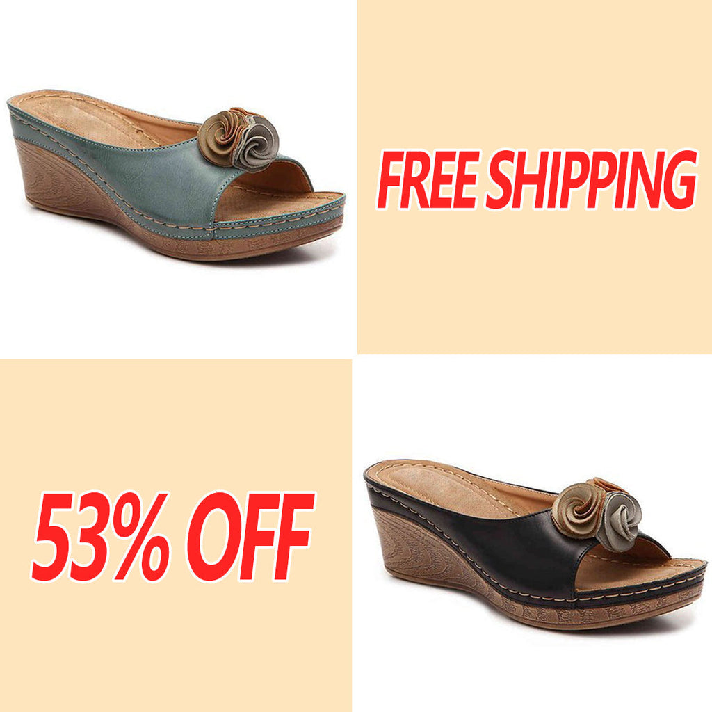 😍Last Day 55% OFF😍-Women's Comfy Leather Solid Flower Strap Wedge Sandals