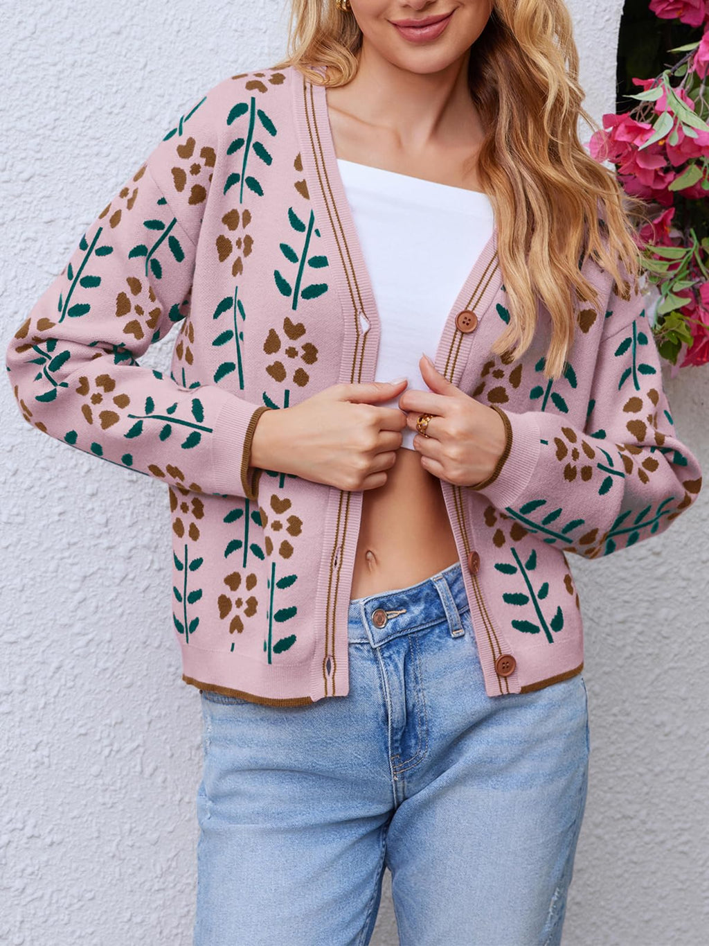 Women's V Neck Floral Print Sweater Cardigan (Buy 2 Free Shipping)
