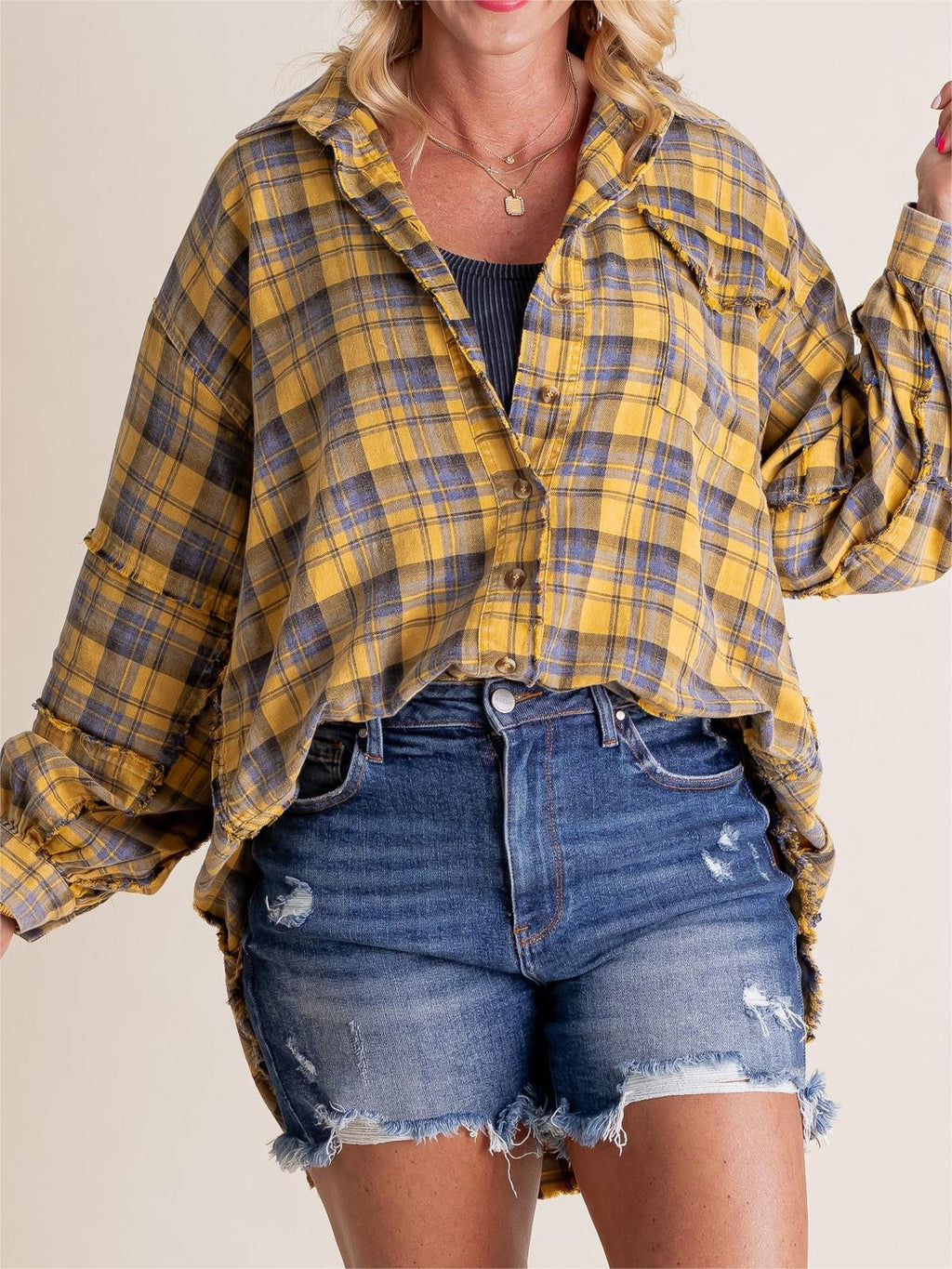 Women's Mineral Washed Button Down Plaid Flannel Shirt (Buy 2 Free Shipping)