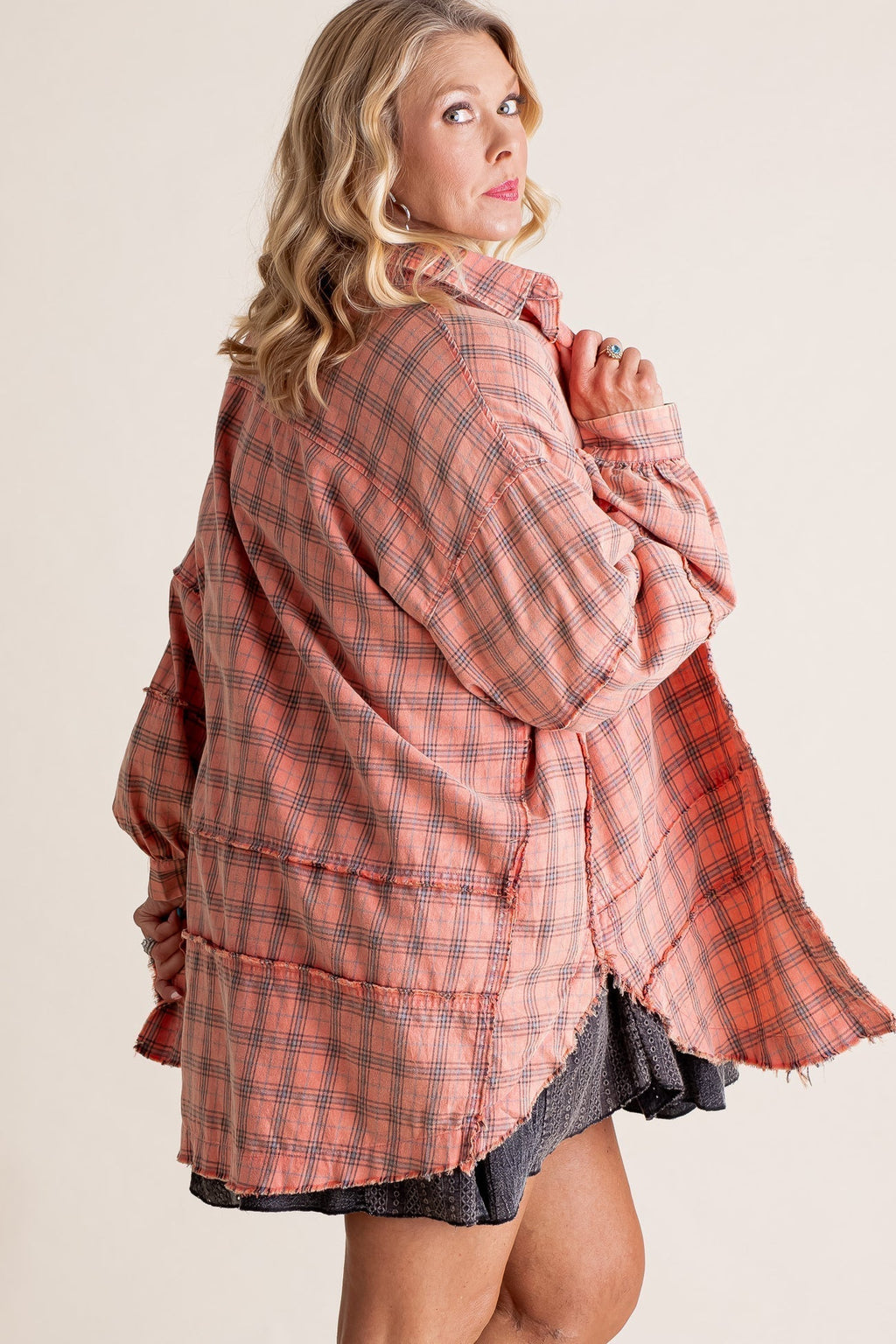 Women's Mineral Washed Button Down Plaid Flannel Shirt (Buy 2 Free Shipping)