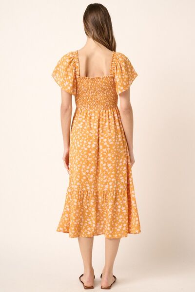 Mittoshop Flower Print Flutter Sleeve Smocked Midi Dress