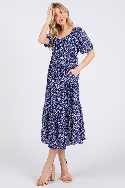 Ces Femme Floral Square Neck Puff Sleeve Midi Dress