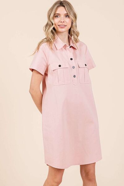 Mittoshop Button Detail Collared Neck Short Sleeve Shirt Dress