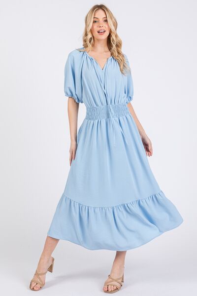 Ces Femme Smocked Elastic Waist Tie Neck Puff Sleeve Dress